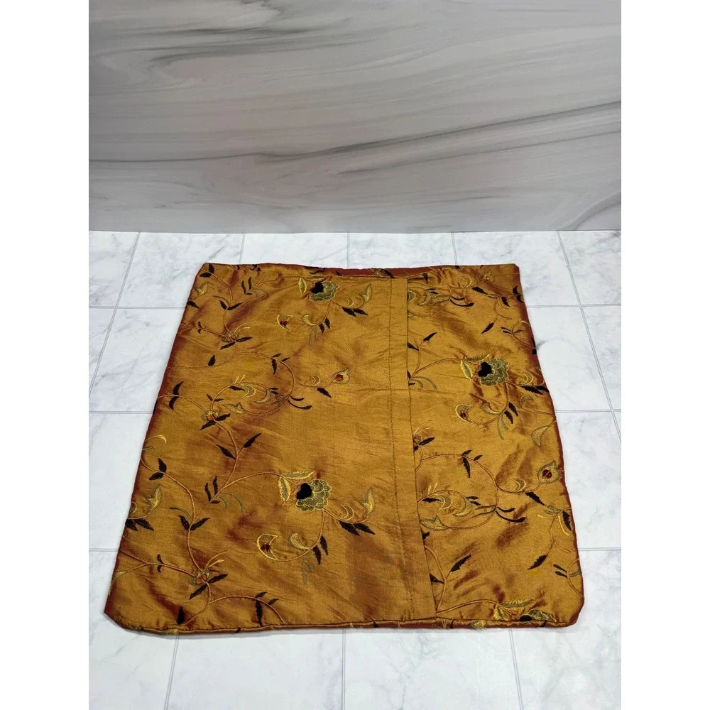 Set of 3 Floral Embroidered Faux Silk Pillow Shams Rust Gold Iridescent 17x17